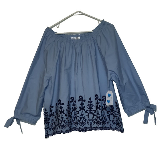 Light Blue Top Blouse TIME AND TRU Plus Size XXL 20 EMBROIDERED Boho Peasant NWT - Picture 1 of 10